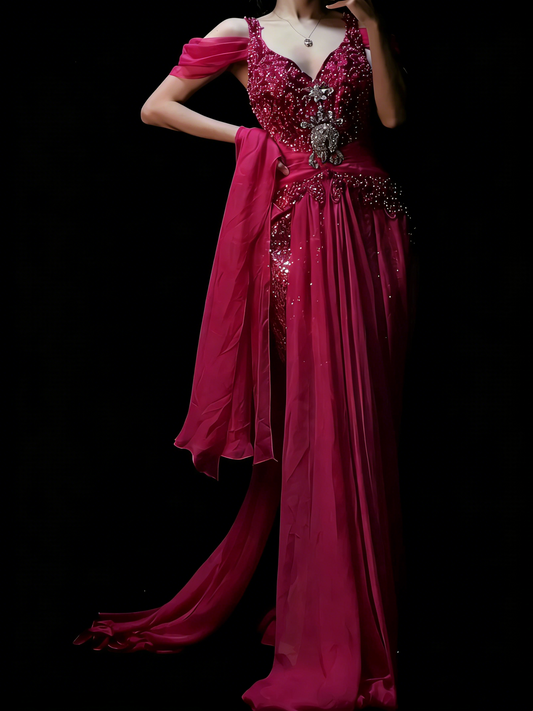 Modest Mermaid Sweetheart Hot Pink Chiffon With Beaded Bodice College Formal Outfit Long Prom Graduation Dresses For Teens N1190