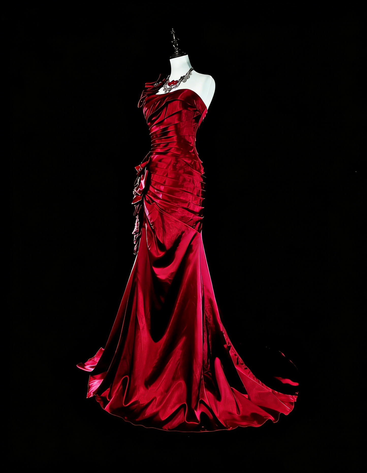 Robes de Bal Vintage Sirène Asymétrique Bourgogne Foncée Satin Perlé Années 1990 Longue Robe de Soirée N2710