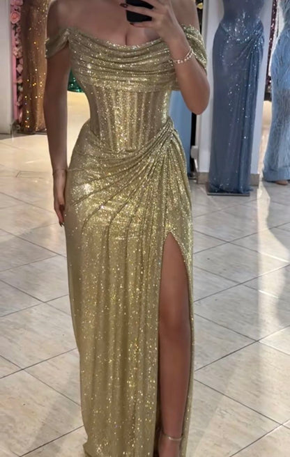 Robe de bal de fin d'année modeste pour lycéennes, inspiration sirène, épaules dénudées, sequins dorés et fente, robe longue semi-formelle pour adolescentes AB2118