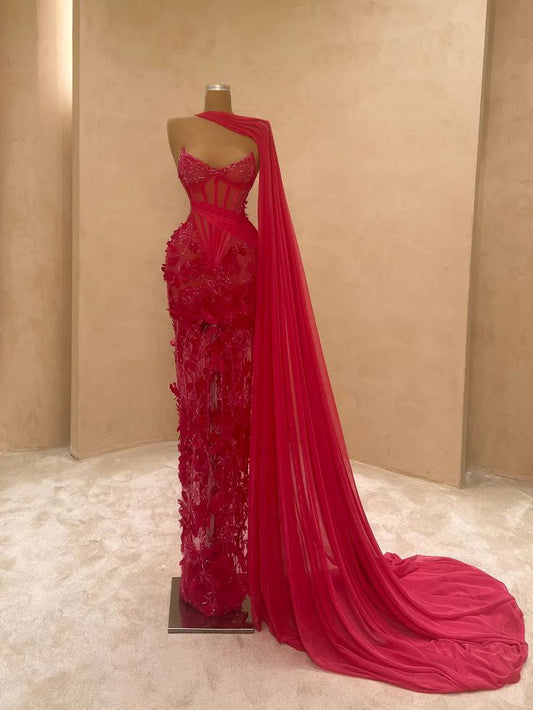 Classy Elegant Mermaid Sweetheart Marine Ball Dresses Long Dinner Formal Gowns Hot Pink Lace With Leg Slit Prom Dresses Evening Outfit AB764