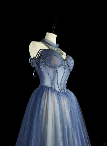 Vintage Prom Dresses Aesthetic 1950s Retro A Line Spaghetti Strap Blue Tulle Long Party Dress N2369