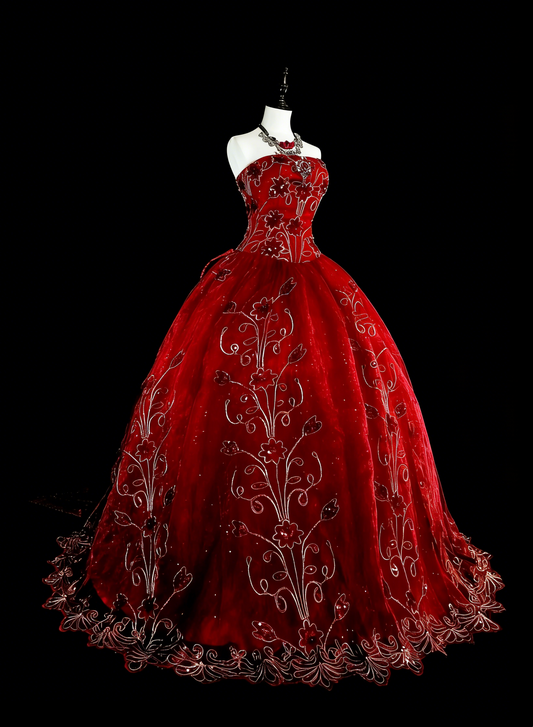 Süßes Ballkleid Trägerlos Burgunder Weinrot Tüll mit Applikationen Sweet 16 Kleider Quinceanera Kleid N3415