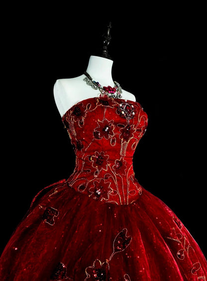 Cute Ball Gown Strapless Burgundy Wine Red Tulle With Appliqued Sweet 16 Dresses Quinceanera Dress N3415