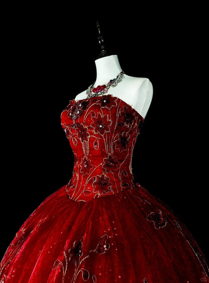 Cute Ball Gown Strapless Burgundy Wine Red Tulle With Appliqued Sweet 16 Dresses Quinceanera Dress N3415