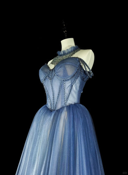 Vintage Prom Dresses Aesthetic 1950s Retro A Line Spaghetti Strap Blue Tulle Long Party Dress N2369