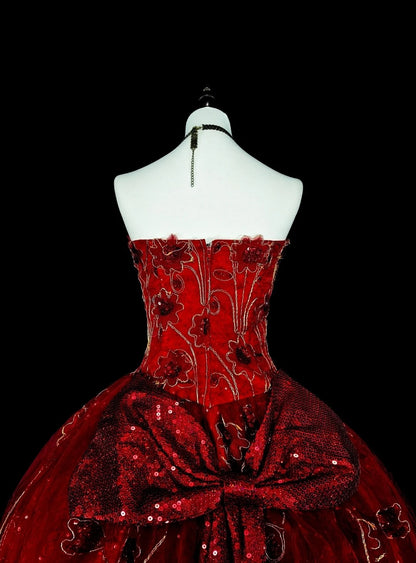 Cute Ball Gown Strapless Burgundy Wine Red Tulle With Appliqued Sweet 16 Dresses Quinceanera Dress N3415