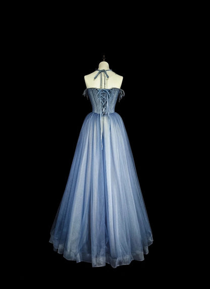 Vintage Prom Dresses Aesthetic 1950s Retro A Line Spaghetti Strap Blue Tulle Long Party Dress N2369