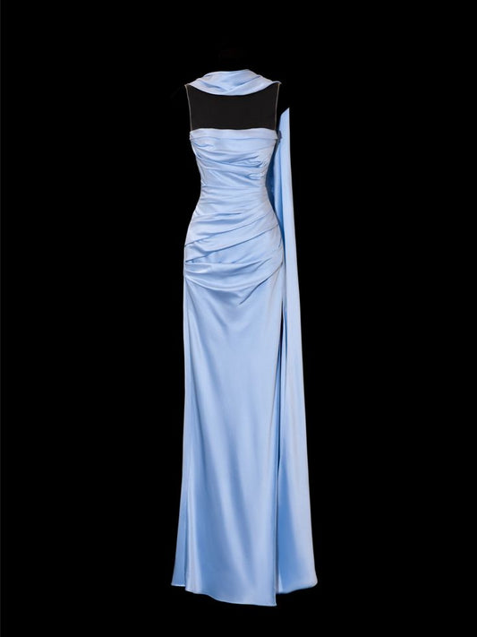 Simple A line Spaghetti Strap Blue Satin Slit Long Prom Dresses With Scarf Formal Party Dress Cocktail Maxi Evening Gowns AB1274