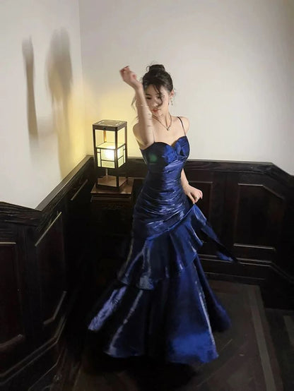Navy Blue Sweetheart Straps Mermaid Party Dress, Navy Blue Sweetheart Prom Dress For Women AB1459