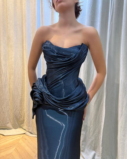 Meerjungfrauen-Abendkleid, bodenlang, trägerlos, ärmellos, plissiert, Partykleid für Damen AB1471
