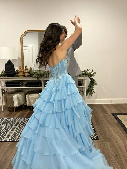 Robe de bal élégante en mousseline bleu clair fendue, décolleté cœur, idéale pour les adolescentes. Robe de soirée formelle AB1098