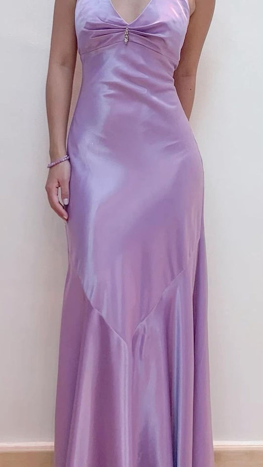 Vintage Meerjungfrauen-Neckholder-Kleid aus lila Satin, Abendkleid, lange Ballkleider N2751
