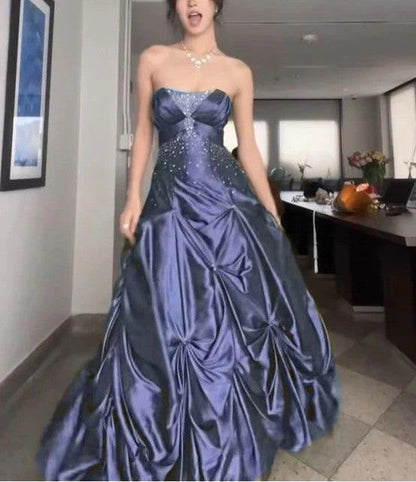 Vintage Ball Gown Strapless Olive Green Satin Taffeta 90s Prom Dresses Inspiration Party Dress Princess Graduation Dress B627