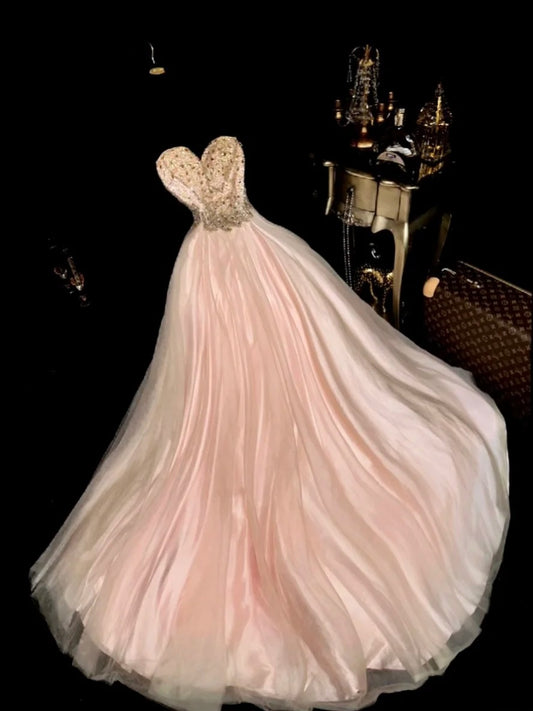 Dreamy Ball Gown Sweetheart Tulle Pink With Beading School Dances Prom Dresses 8th Grade Formal Outfits Evening Dress RB8409