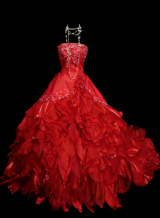 Vintage Ballkleid, trägerlos, roter Satin, gestuft, Sweet 16 Kleider, Quinceañera Kleid, lang, 15 Vestidos De Fiesta N1446