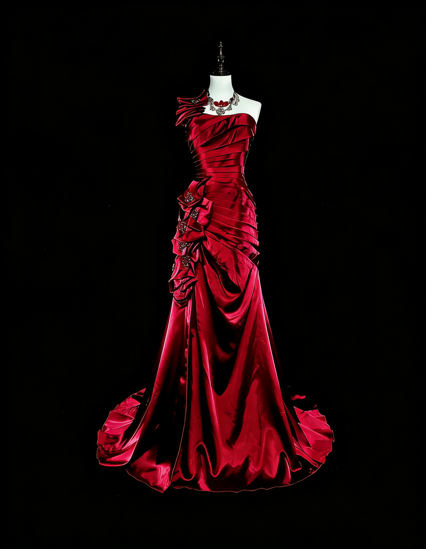 Robes de Bal Vintage Sirène Asymétrique Bourgogne Foncée Satin Perlé Années 1990 Longue Robe de Soirée N2710