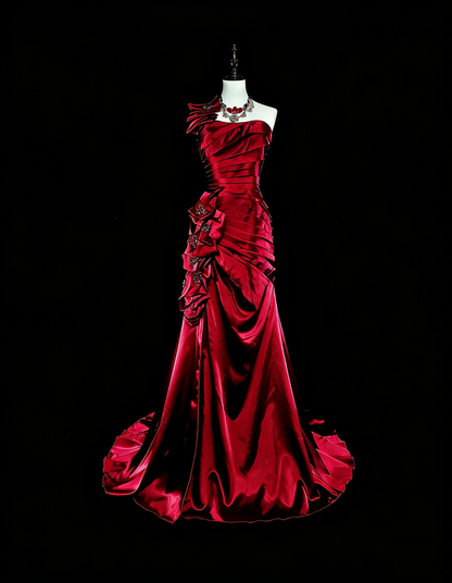 Robes de Bal Vintage Sirène Asymétrique Bourgogne Foncée Satin Perlé Années 1990 Longue Robe de Soirée N2710