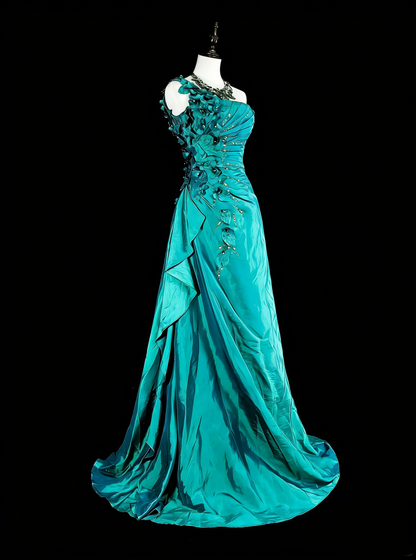 Robe de bal longue vintage sirène asymétrique verte années 70 avec plis et perles, N1838