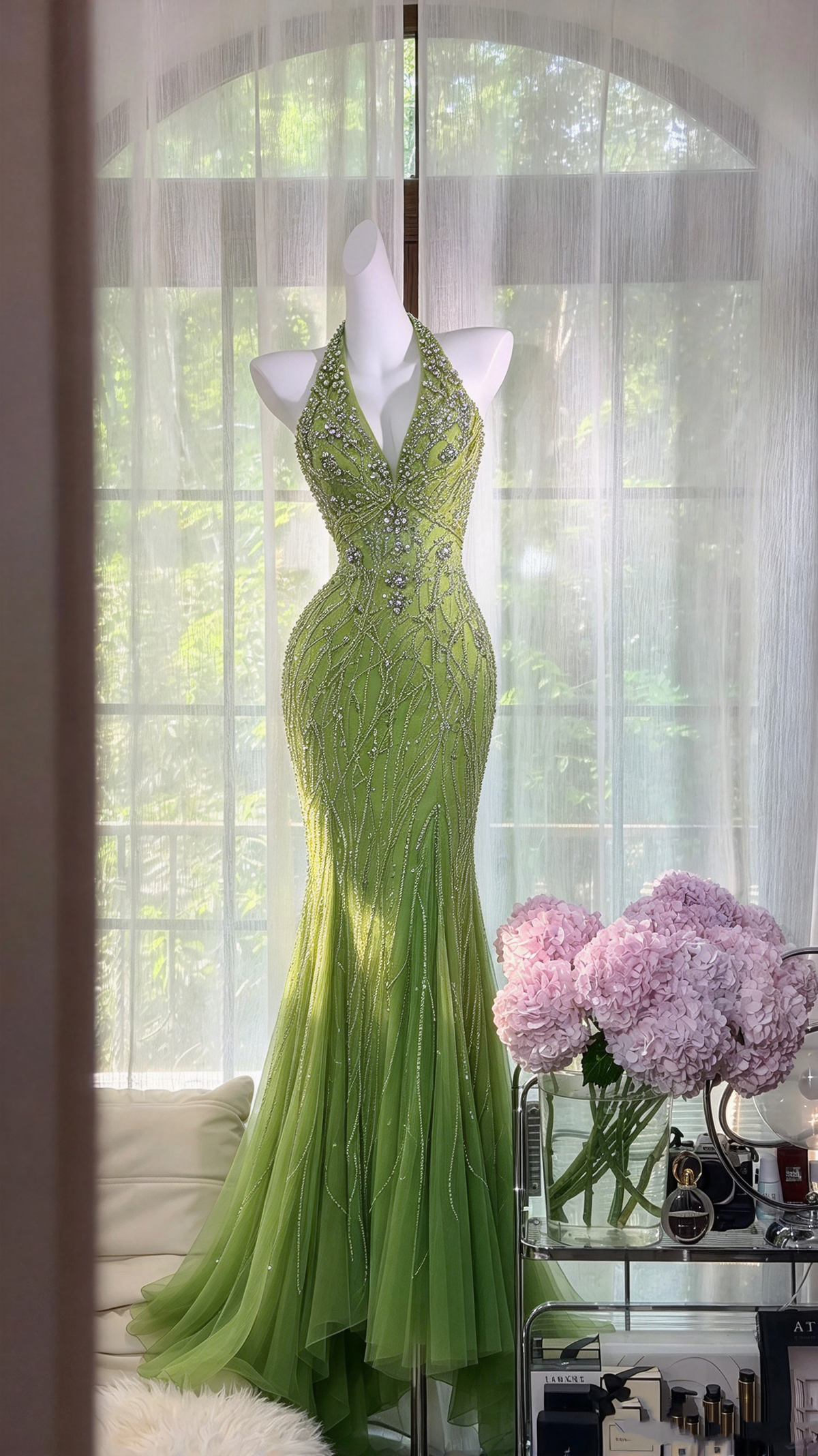 Shinning Prom Dresses Mermaid Halter Tulle Green With Beading Long Formal Dress RC1278