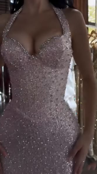 Glitzer Halter Neck Rosa Langes Abendkleid Abschlussballkleider Pailletten Meerjungfrau Bodycon Für Teenager Mädchen Damen N4099