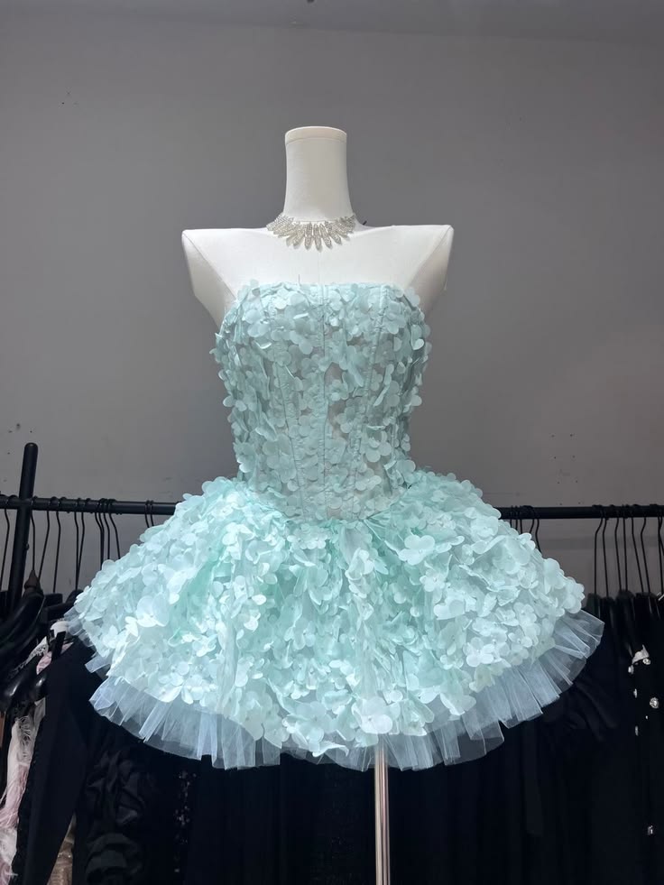 Pretty Ball Gown Strapless Mint Green With Flowers Homecoming Dress Inspo Short Graduation Dresses RB6839