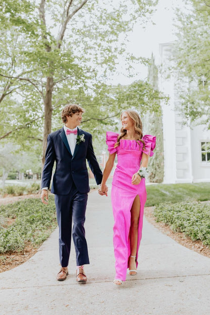 Modest Sheath Square Neck Hot Pink Slit Prom Dresses Inspo For Teens Formal Dress Party Outfits Prom Gowns AB028
