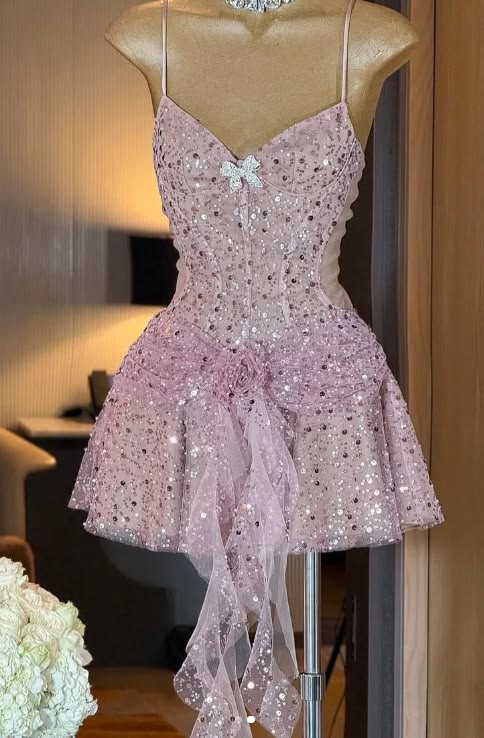 Robe rose à fines bretelles pour 16e anniversaire, paillettes et sequins, coupe trapèze, robes de bal de rentrée N4737