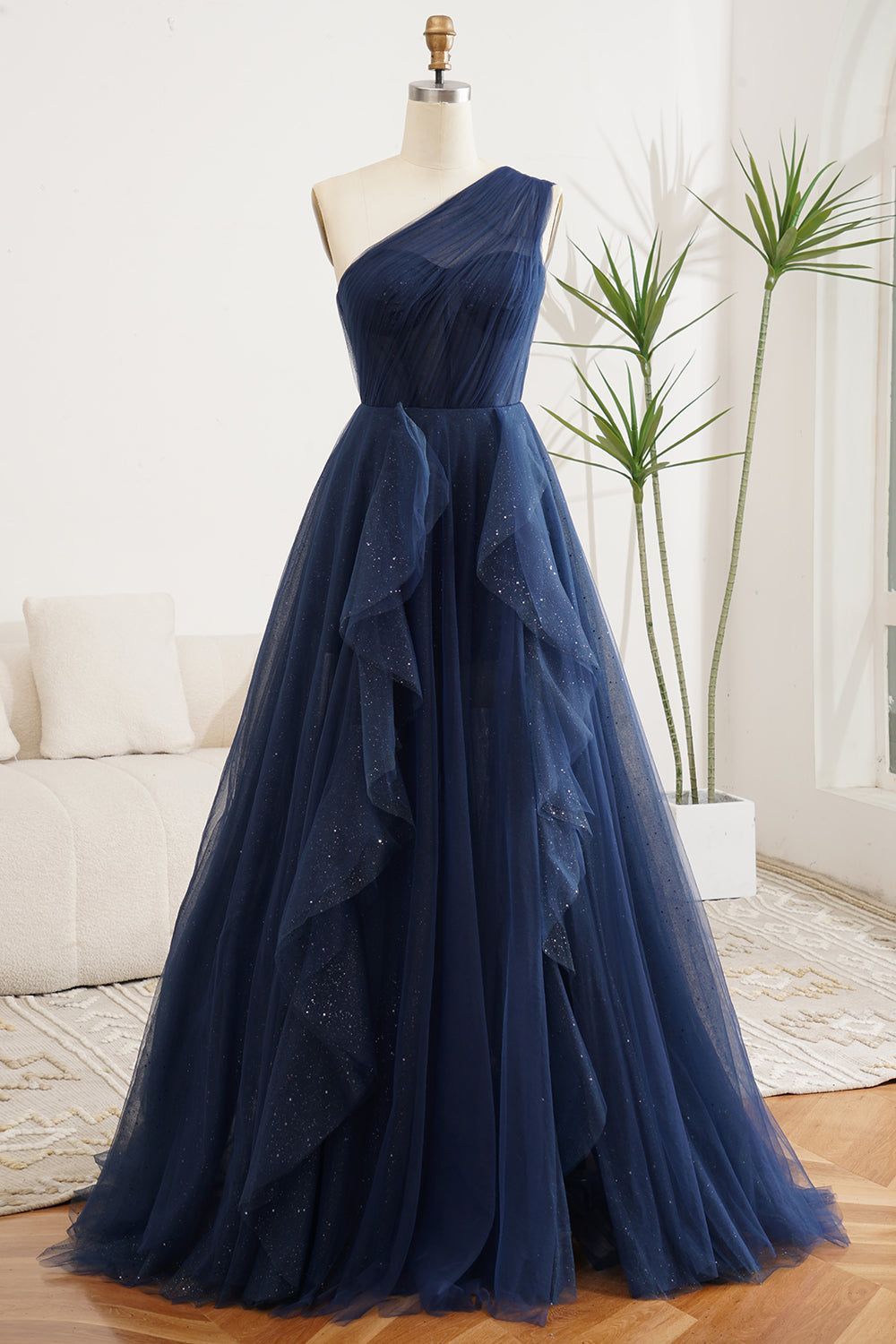 Robe de bal asymétrique bleu marine, robe de soirée longue en tulle, robe de bal AB736