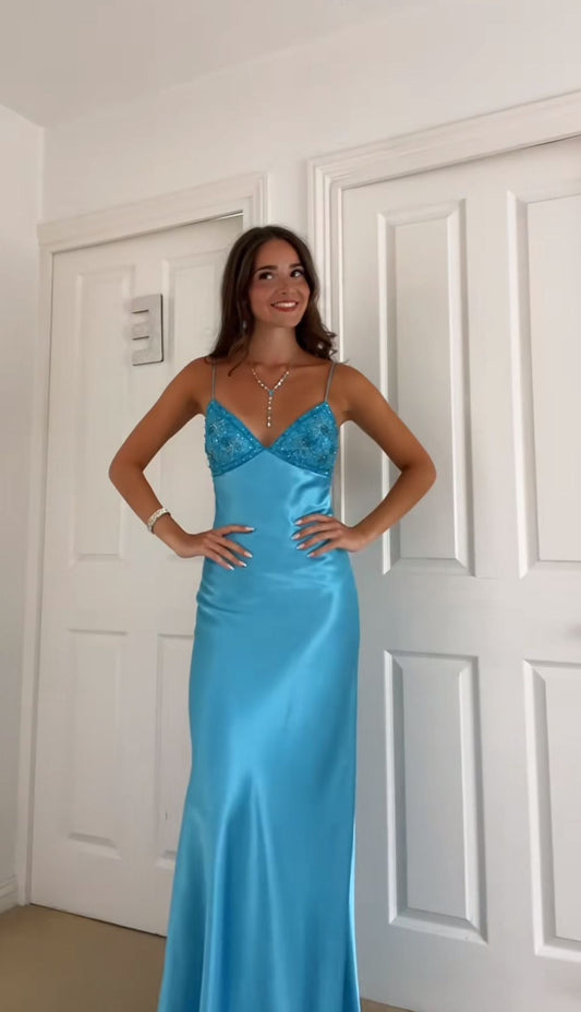 Meerjungfrau Spaghettiträger Blau Satin mit Perlen Abendkleid 18. Geburtstag Ballkleider N2796