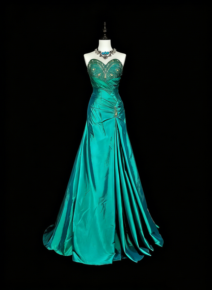 Robe de bal longue vintage sirène vert foncé années 70 avec perles plissées, taille haute, N1839