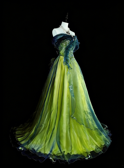 Vintage Ballkleid, trägerlos, grün-schwarz, Tüll, ärmellos, 80er-Jahre-Stil, langes formelles Abendkleid N1466