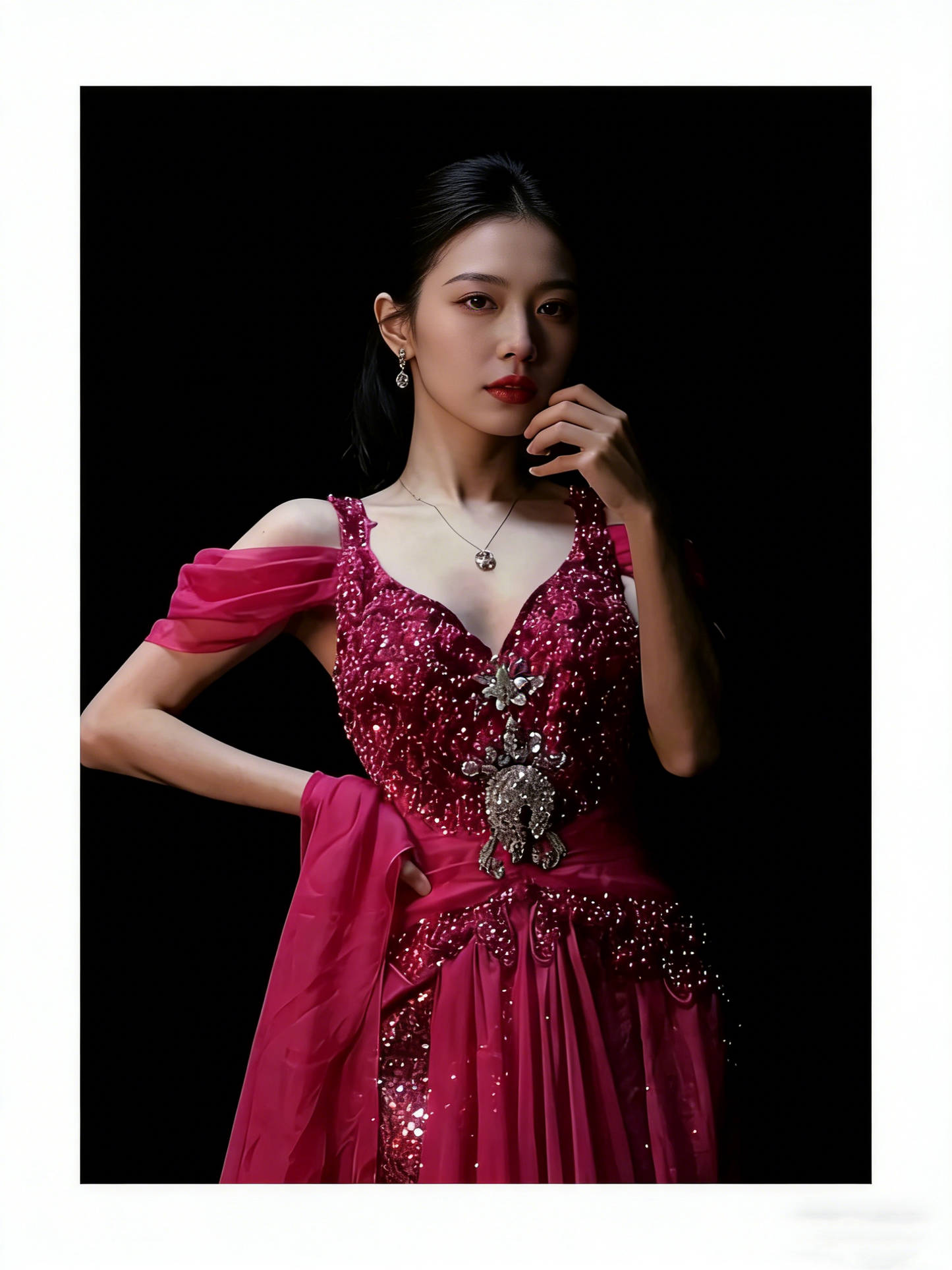 Robe de bal longue en mousseline rose fuchsia, style sirène, décolleté cœur et corsage orné de perles, idéale pour les jeunes filles (N1190).