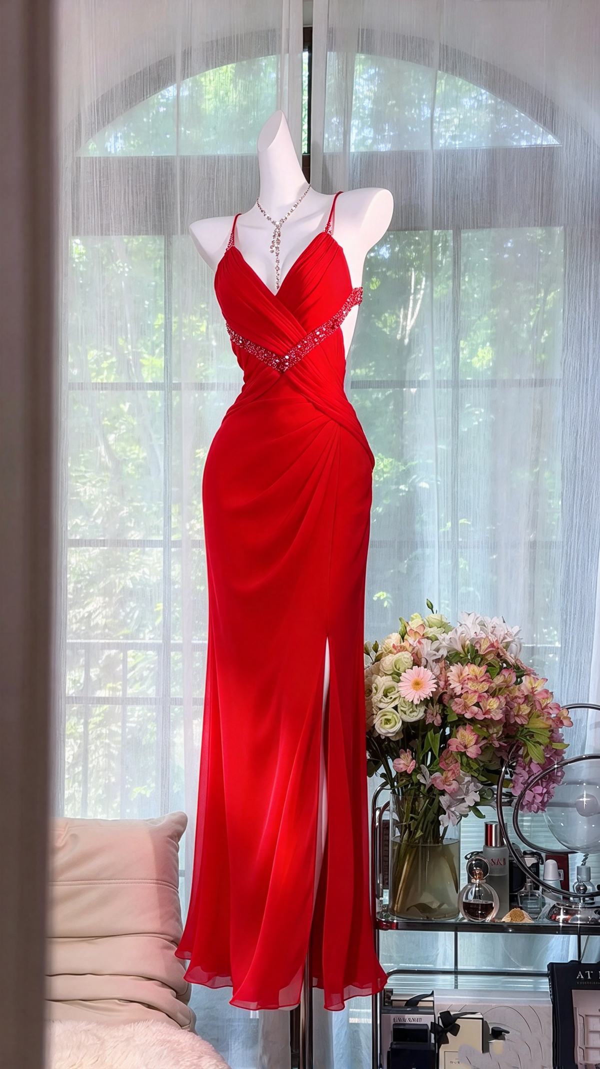 Sexy Mermaid Spaghetti Straps Red Chiffon Slit Beaded Long Prom Dresses Inspo Party Gown RC1279