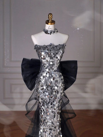Schwarzes, glitzerndes Pailletten-Tüll-Meerjungfrauen-Abendkleid, trägerlos mit Schleife, für Teenager und Gymnasien AB1932