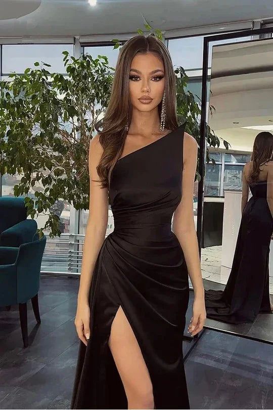 Einfaches schwarzes langes Meerjungfrauen-Abendkleid mit One-Shoulder-Ausschnitt und Schlitz, Outfit für den 18. Geburtstag AB2393