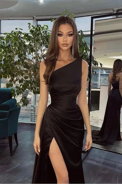 Einfaches schwarzes langes Meerjungfrauen-Abendkleid mit One-Shoulder-Ausschnitt und Schlitz, Outfit für den 18. Geburtstag AB2393