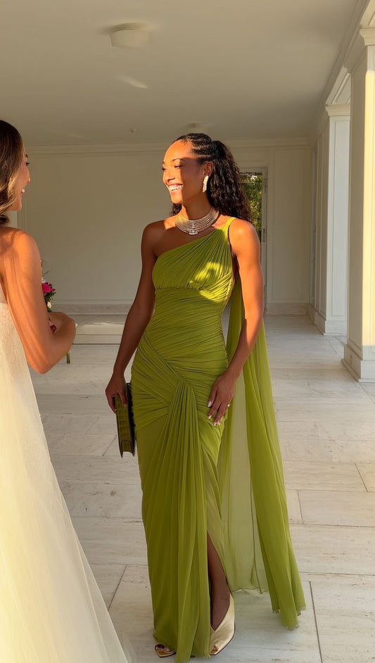 Sexy, schulterfreies, grünes Chiffon-Abendkleid mit Schlitz, langes Kleid für Schülerinnen, formelles Abendkleid für Hochzeitsgäste N1004