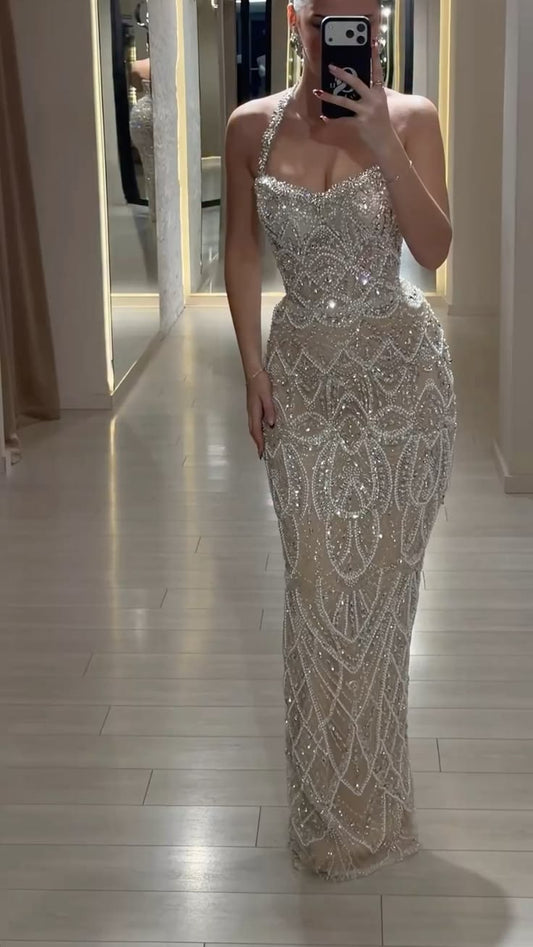 Elegant Formal Prom Dress Floor Length Champagne Mermaid Halter Women Girls Evening Gown for Special Occasions RC0186