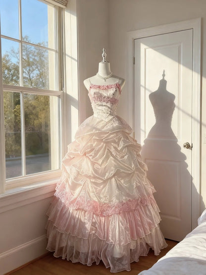 Verspieltes Ballkleid mit Spaghettiträgern, pink, weit ausgestellter Rock, Quinceañera-Kleid, langes Sweet-15-Kleid, Vestido de princesa RB4505