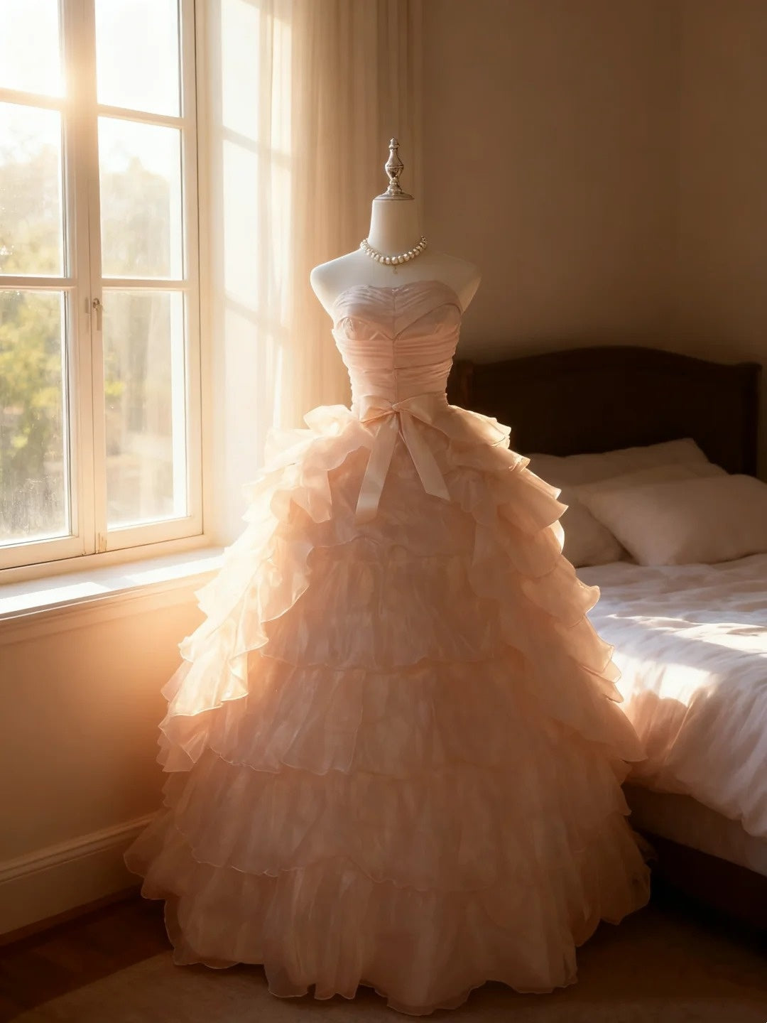 Magisches Ballkleid schulterfrei, hellrosa mit geschichteten, gestuften Quinceañera-Kleid, voluminös, lang, Sweet 16 Quinceañera-Kleider Vestido de RB4506