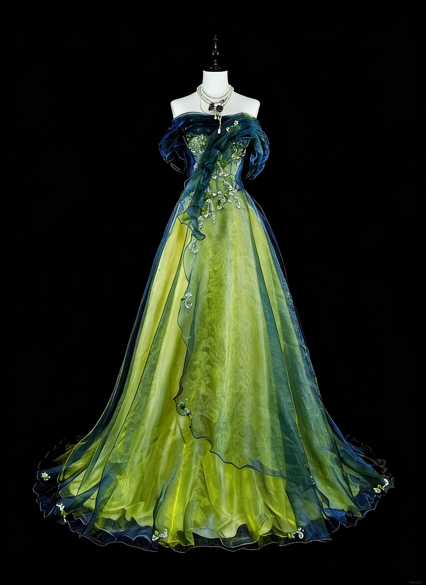 Vintage Ballkleid, trägerlos, grün-schwarz, Tüll, ärmellos, 80er-Jahre-Stil, langes formelles Abendkleid N1466
