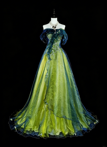 Vintage Ballkleid, trägerlos, grün-schwarz, Tüll, ärmellos, 80er-Jahre-Stil, langes formelles Abendkleid N1466