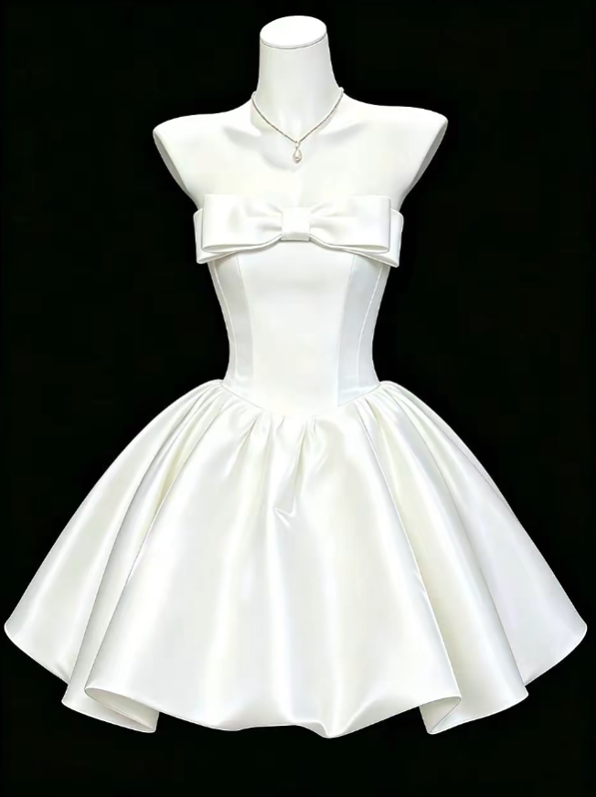 Simple Ball Gown Strapless White Satin Mini University Ideas Homecoming Dresses Inspo Short Hoco Court Gowns RB7204
