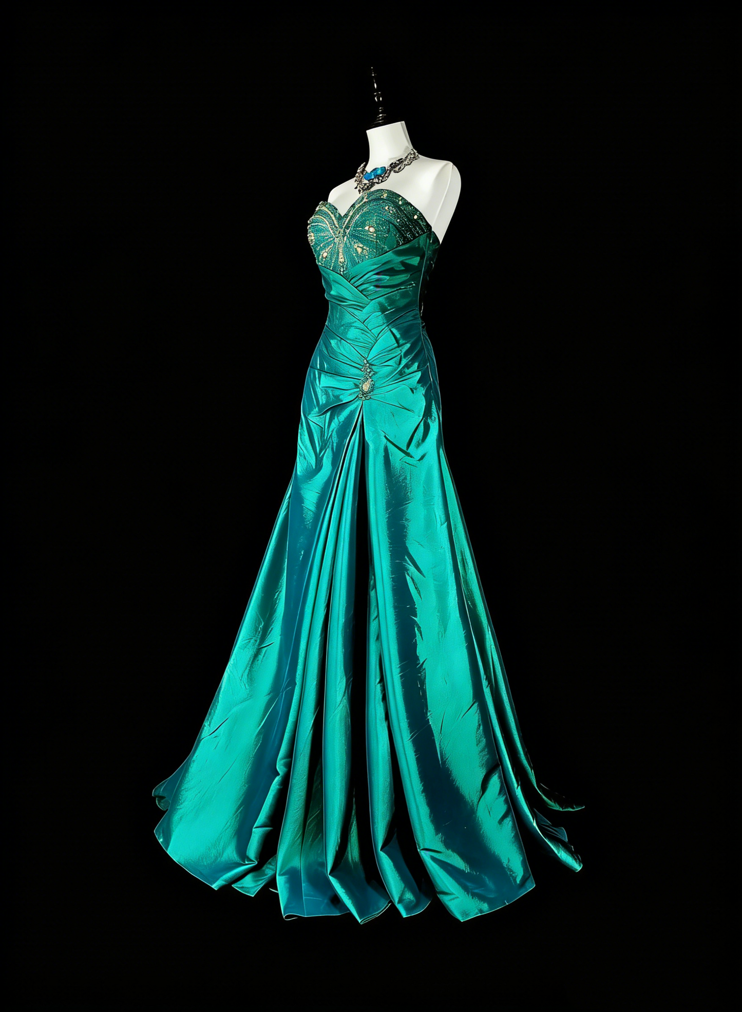 Robe de bal longue vintage sirène vert foncé années 70 avec perles plissées, taille haute, N1839