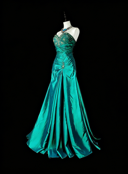 Robe de bal longue vintage sirène vert foncé années 70 avec perles plissées, taille haute, N1839