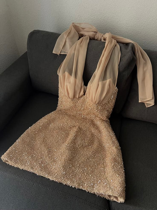 Sparkling Champagne Glitter Mini Dress Homecoming Dress Elegant Aesthetic Fashion Inspiration Cocktail Outfits RB6299