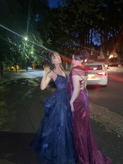 Schickes Ballkleid mit Spaghettiträgern, marineblau, Tüll, lange Ballkleider, Inspiration, Partykleid, Ballkleider RB1295