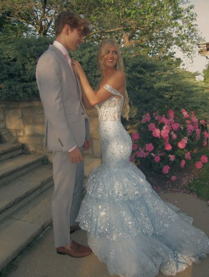 Robe de soirée longue sirène en tulle bleu à épaules dénudées et applications de dentelle superposées, N600