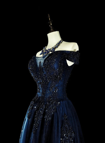 Vintage 1980s A Line Off The Shoulder Navy Blue Tulle With Sleeves Lace Long Prom Formal Dresses N1604