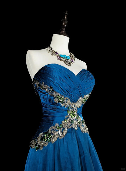 Robe de bal longue vintage en mousseline bleue Sweethart, coupe trapèze, N1824